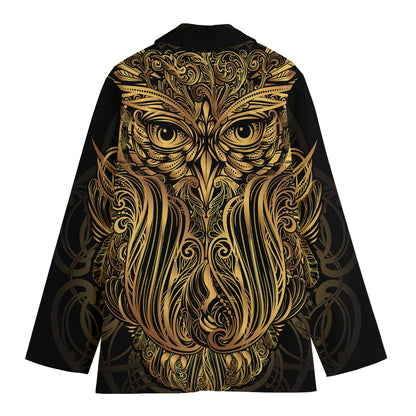 Gold Owl Spirit Print Women's Cotton Blazer