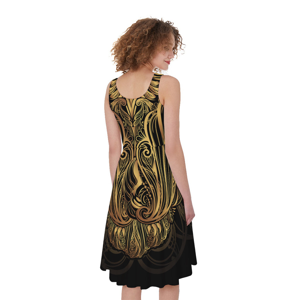 Gold Owl Spirit Print Women's Sleeveless Dress