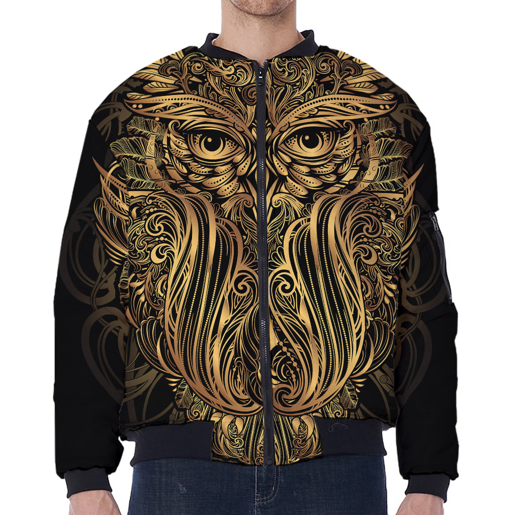 Gold Owl Spirit Print Zip Sleeve Bomber Jacket