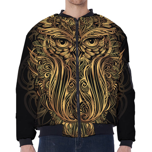 Gold Owl Spirit Print Zip Sleeve Bomber Jacket