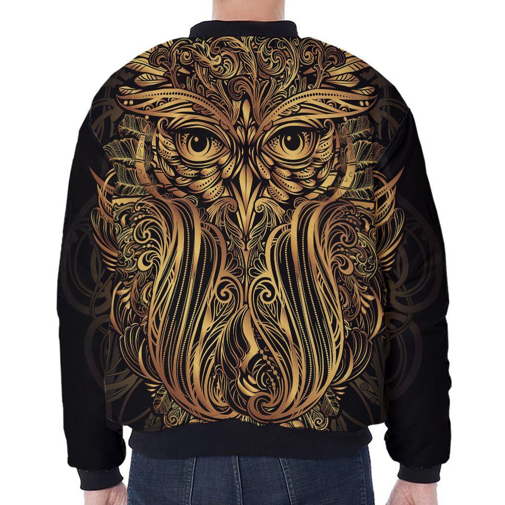 Gold Owl Spirit Print Zip Sleeve Bomber Jacket