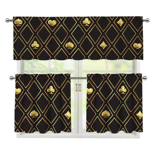 Gold Playing Card Suits Pattern Print 3 Piece Kitchen Curtains
