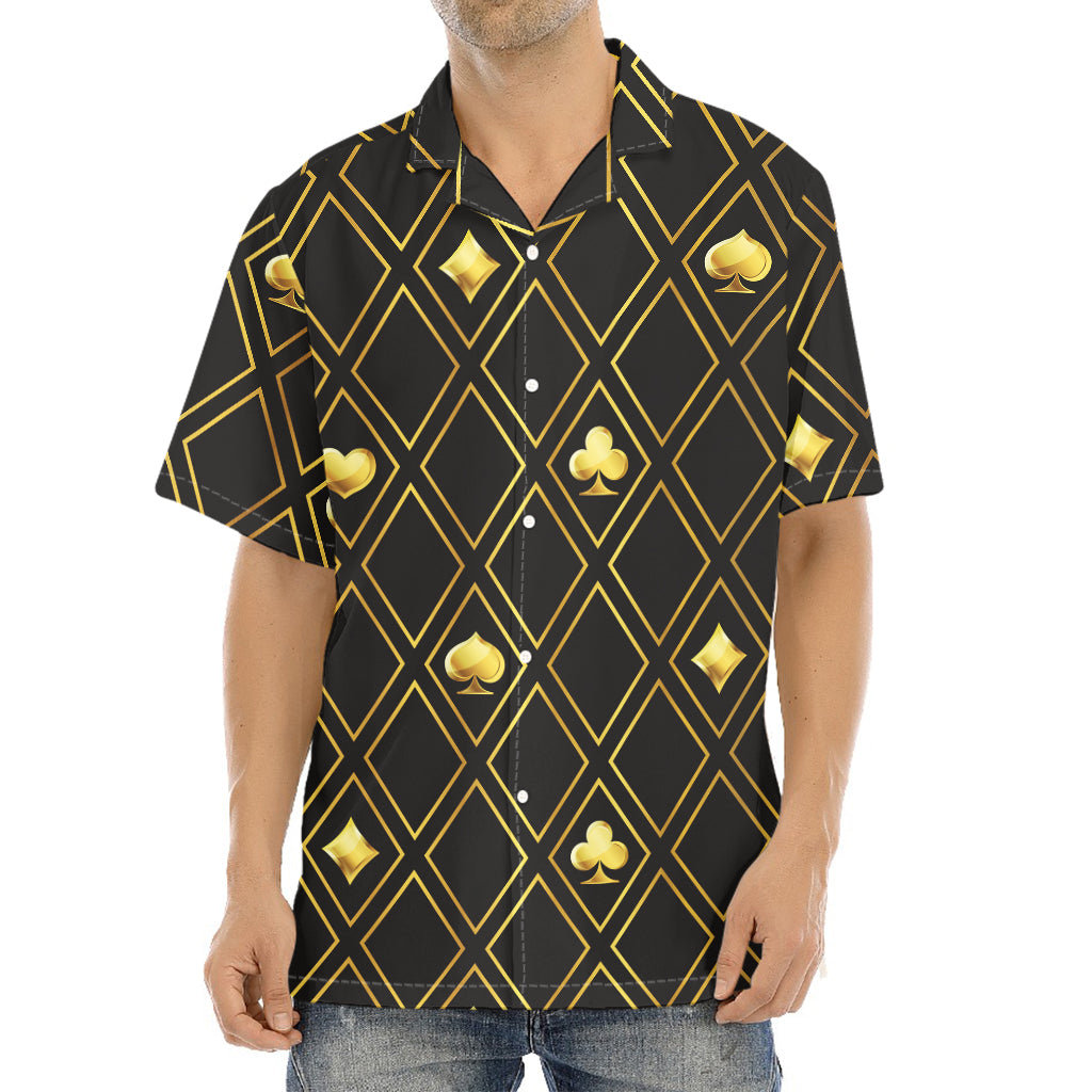 Gold Playing Card Suits Pattern Print Aloha Shirt