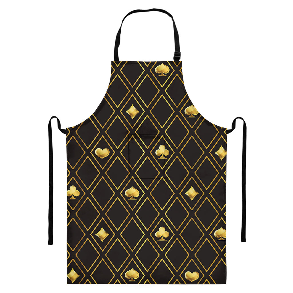 Gold Playing Card Suits Pattern Print Bib Apron With Pocket