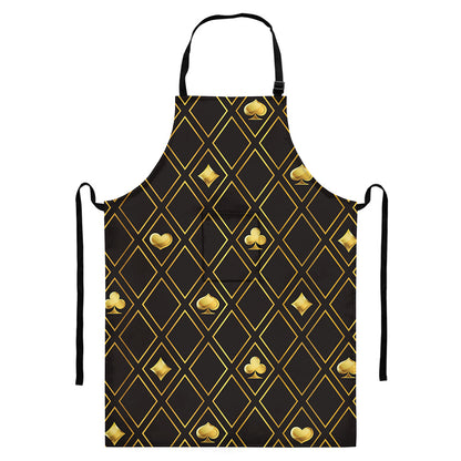 Gold Playing Card Suits Pattern Print Bib Apron With Pocket