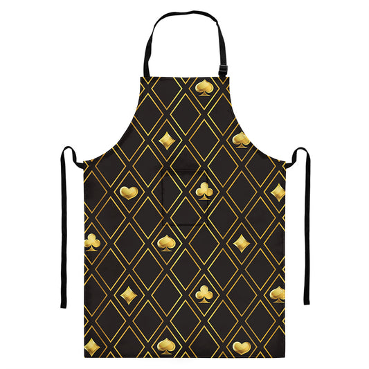 Gold Playing Card Suits Pattern Print Bib Apron With Pocket