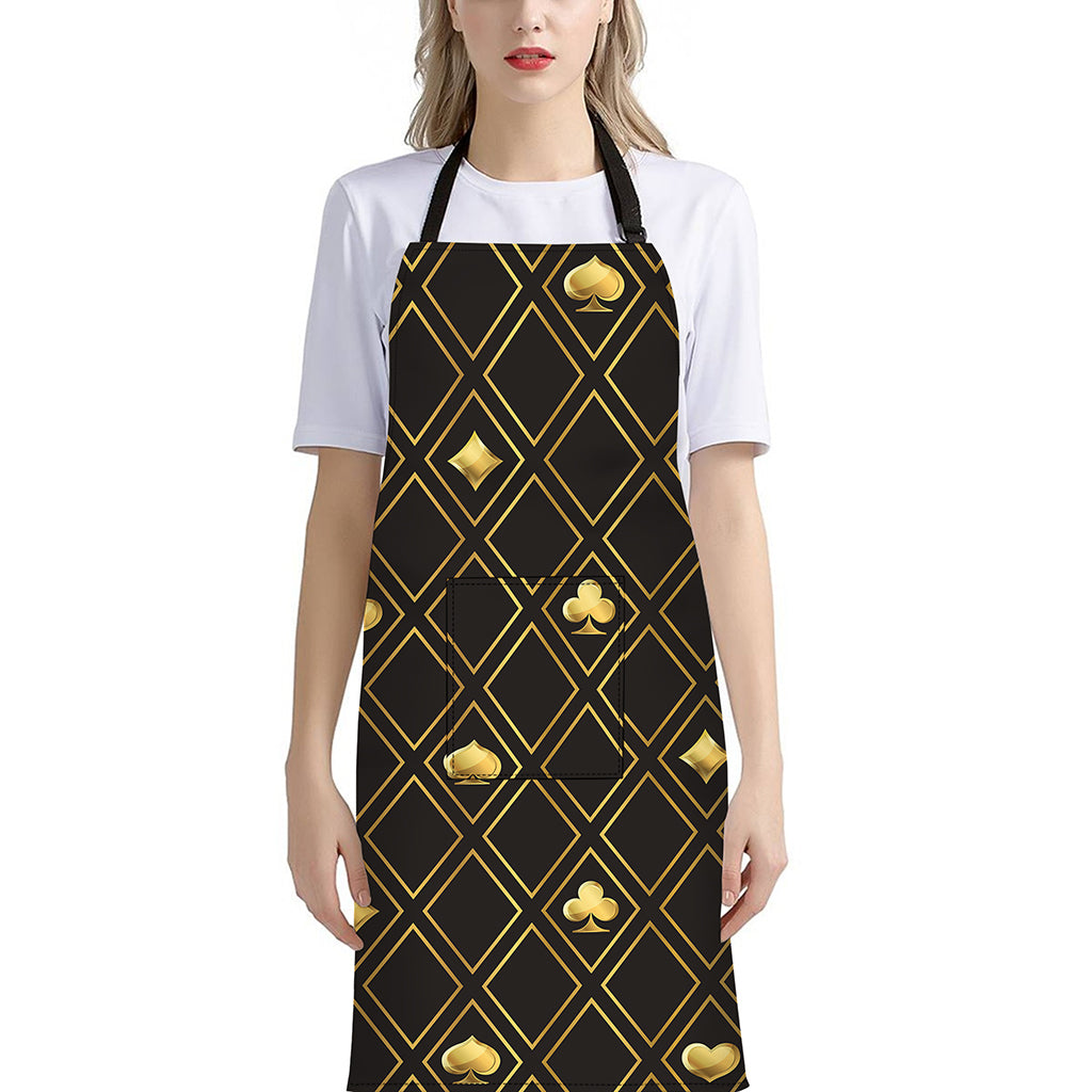 Gold Playing Card Suits Pattern Print Bib Apron With Pocket