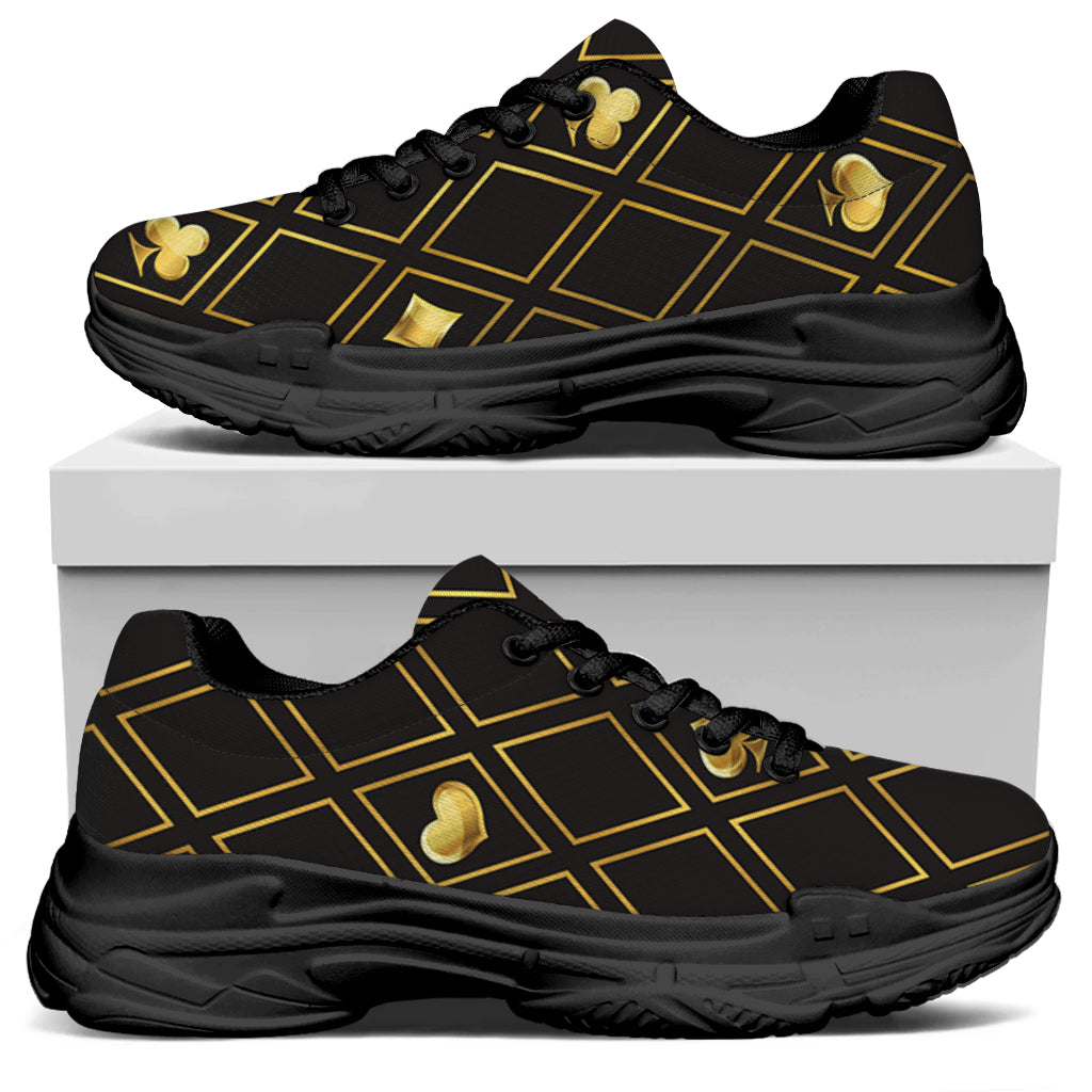 Gold Playing Card Suits Pattern Print Black Chunky Shoes