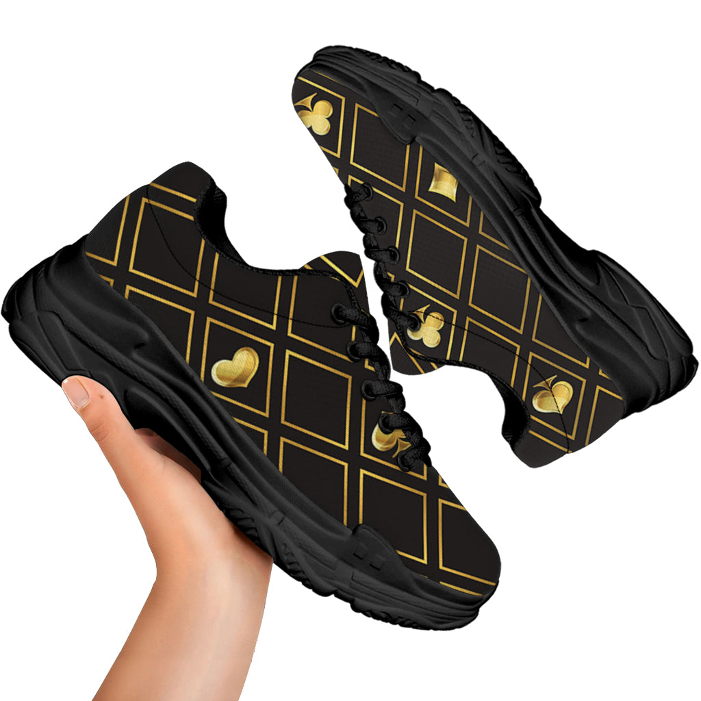 Gold Playing Card Suits Pattern Print Black Chunky Shoes