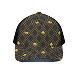 Gold Playing Card Suits Pattern Print Black Mesh Trucker Cap