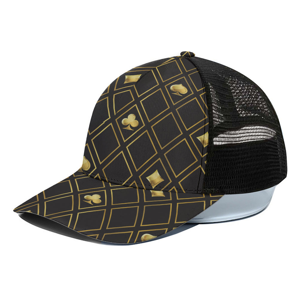 Gold Playing Card Suits Pattern Print Black Mesh Trucker Cap