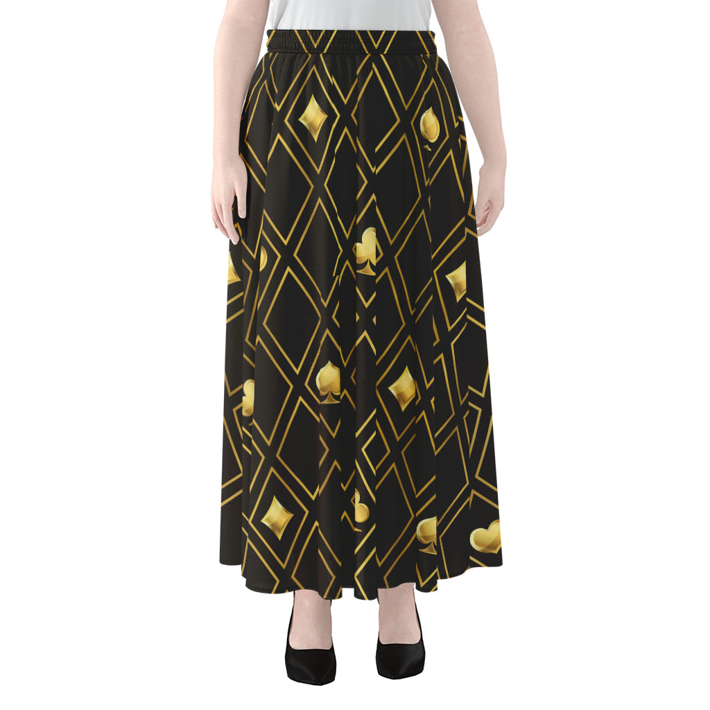 Gold Playing Card Suits Pattern Print Chiffon Maxi Skirt