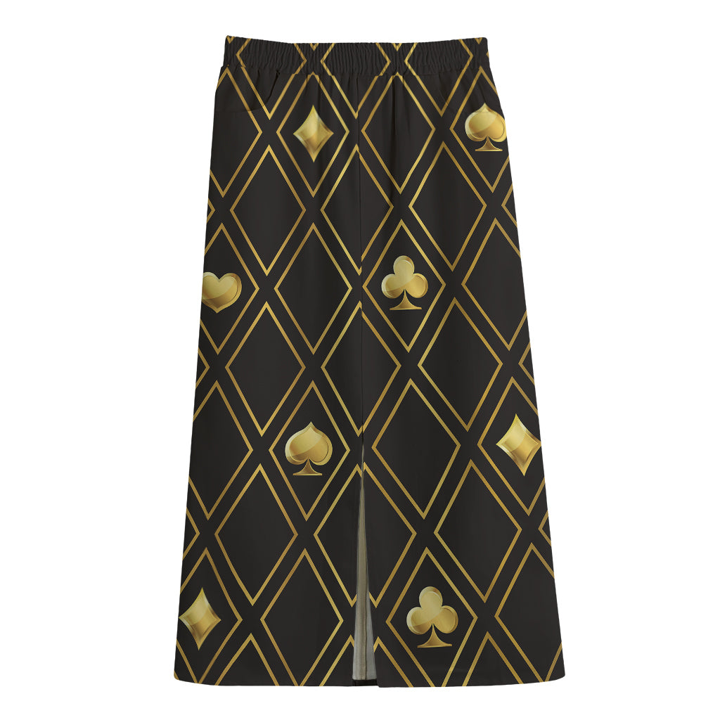 Gold Playing Card Suits Pattern Print Cotton Front Slit Maxi Skirt