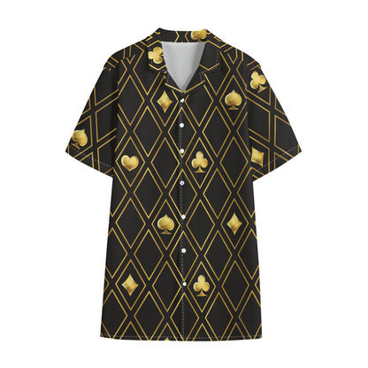 Gold Playing Card Suits Pattern Print Cotton Hawaiian Shirt