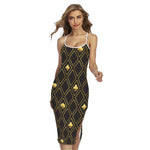 Gold Playing Card Suits Pattern Print Cross Back Cami Dress