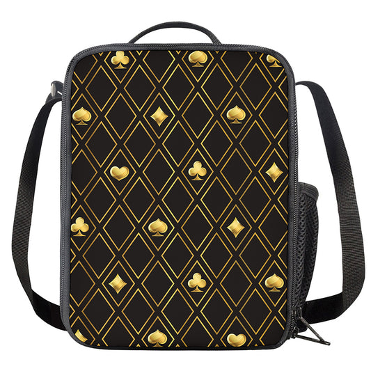 Gold Playing Card Suits Pattern Print Crossbody Lunch Bag