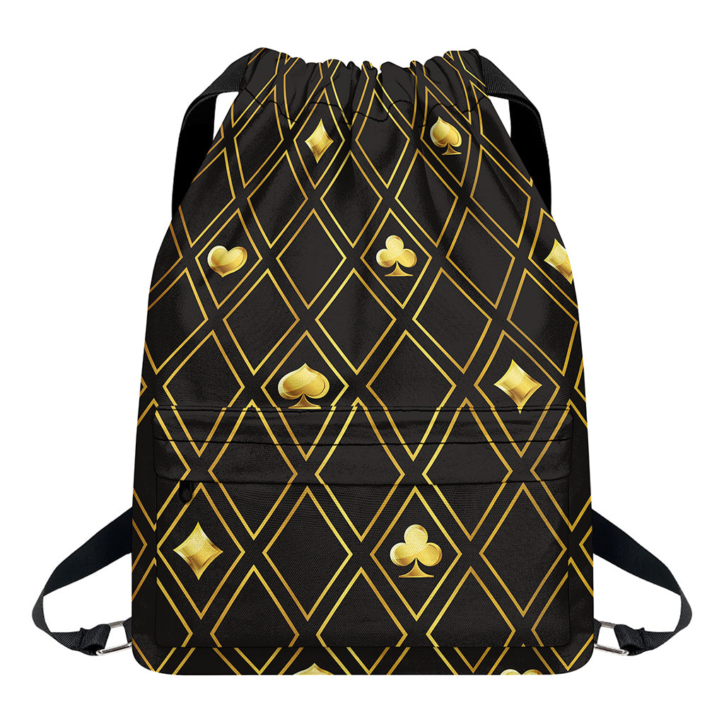 Gold Playing Card Suits Pattern Print Drawstring Backpack