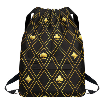 Gold Playing Card Suits Pattern Print Drawstring Backpack