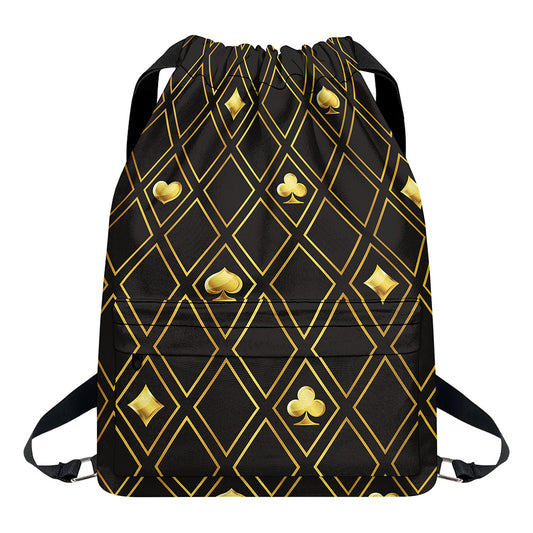 Gold Playing Card Suits Pattern Print Drawstring Backpack