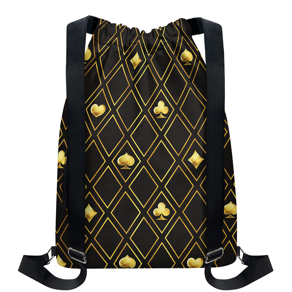 Gold Playing Card Suits Pattern Print Drawstring Backpack
