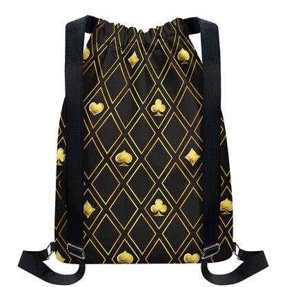 Gold Playing Card Suits Pattern Print Drawstring Backpack
