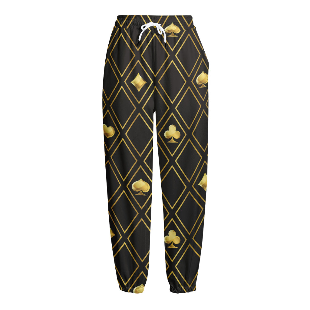 Gold Playing Card Suits Pattern Print Fleece Lined Knit Pants