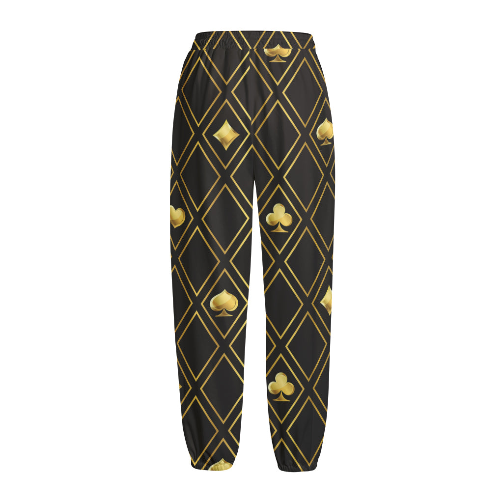 Gold Playing Card Suits Pattern Print Fleece Lined Knit Pants