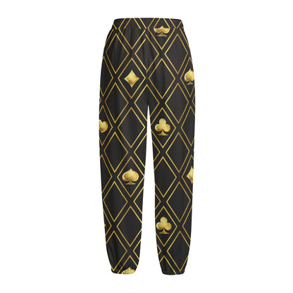 Gold Playing Card Suits Pattern Print Fleece Lined Knit Pants