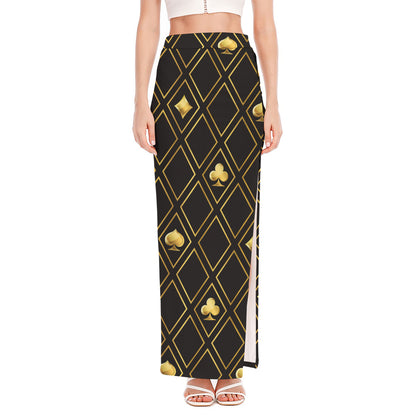 Gold Playing Card Suits Pattern Print High Slit Maxi Skirt