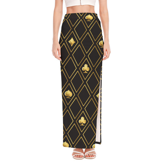 Gold Playing Card Suits Pattern Print High Slit Maxi Skirt