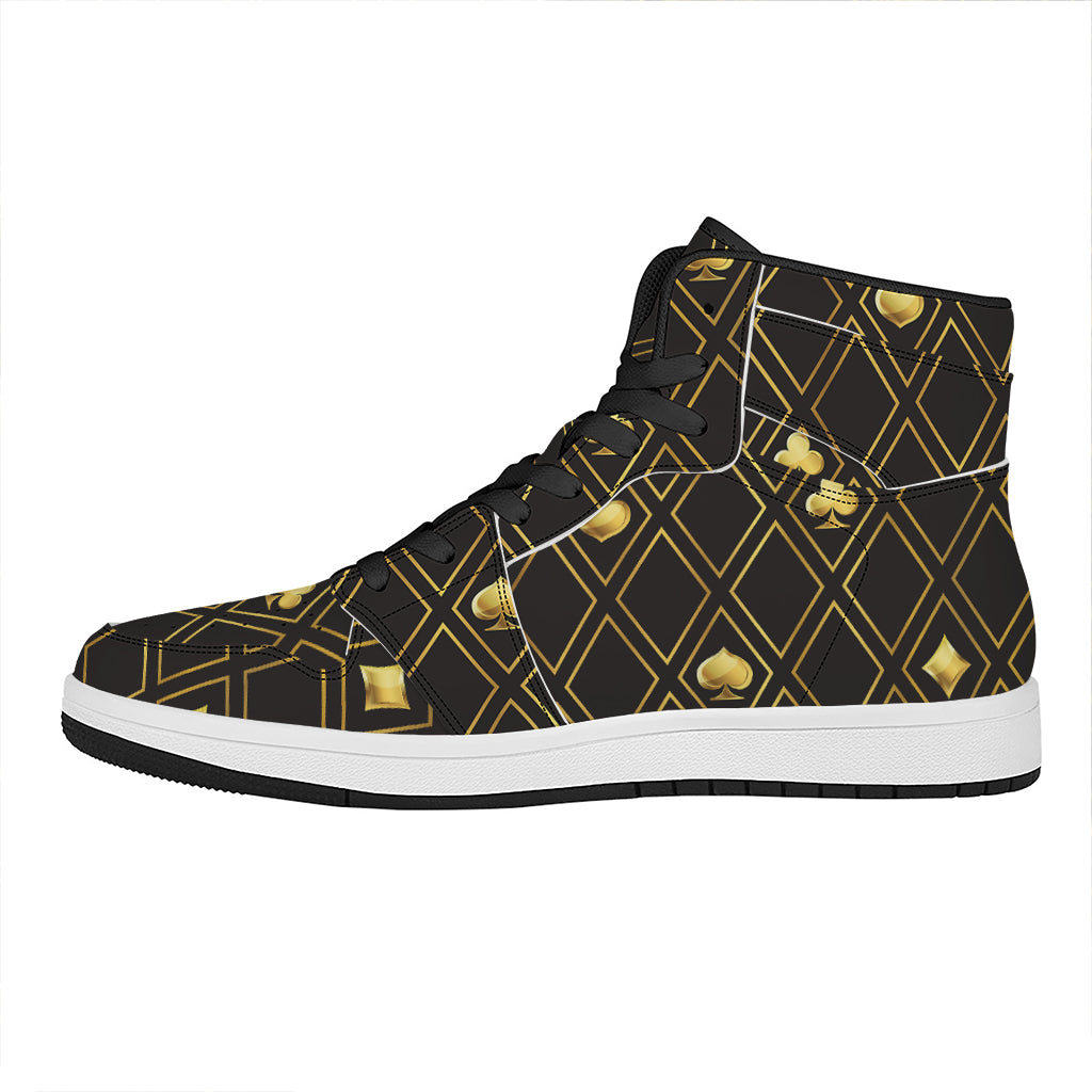 Gold Playing Card Suits Pattern Print High Top Leather Sneakers