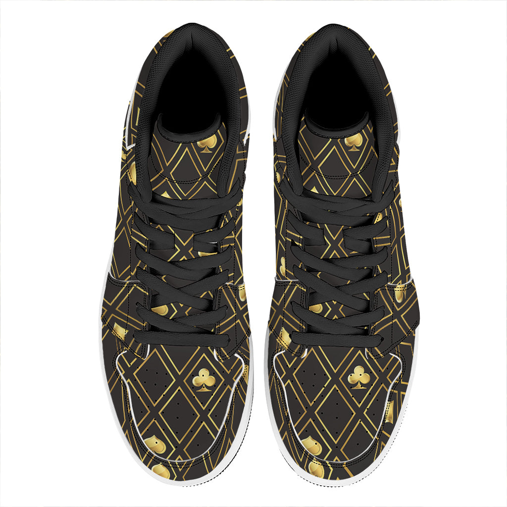 Gold Playing Card Suits Pattern Print High Top Leather Sneakers