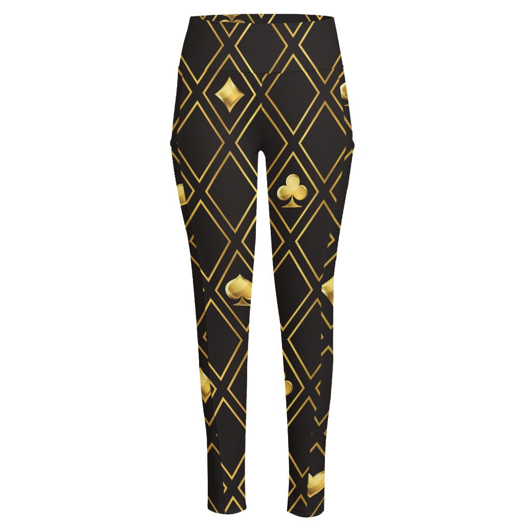 Gold Playing Card Suits Pattern Print High-Waisted Pocket Leggings