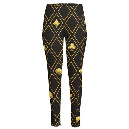 Gold Playing Card Suits Pattern Print High-Waisted Pocket Leggings