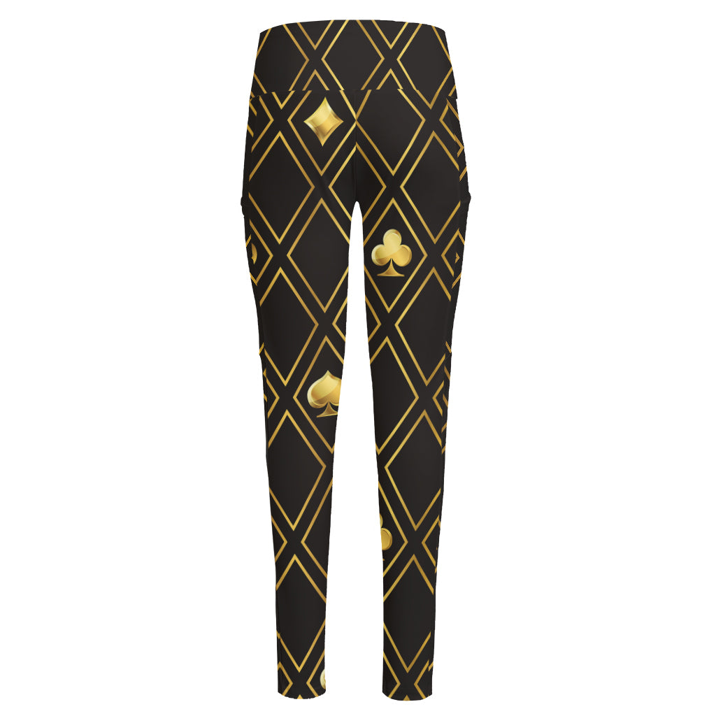 Gold Playing Card Suits Pattern Print High-Waisted Pocket Leggings