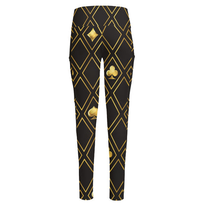 Gold Playing Card Suits Pattern Print High-Waisted Pocket Leggings