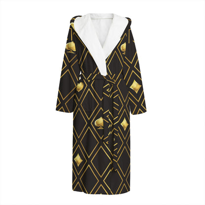 Gold Playing Card Suits Pattern Print Hooded Bathrobe