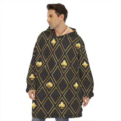Gold Playing Card Suits Pattern Print Hoodie Blanket