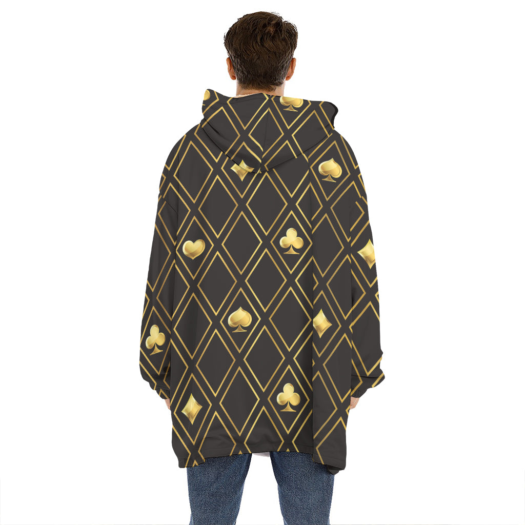 Gold Playing Card Suits Pattern Print Hoodie Blanket