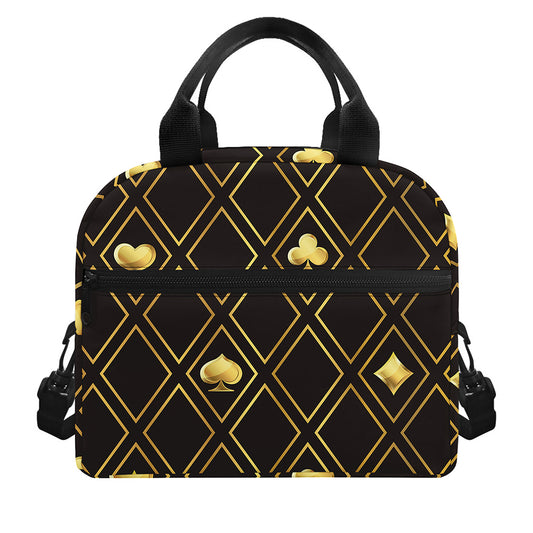 Gold Playing Card Suits Pattern Print Insulated Lunch Bag
