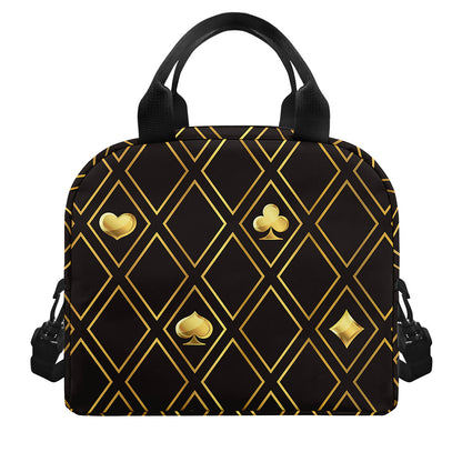 Gold Playing Card Suits Pattern Print Insulated Lunch Bag