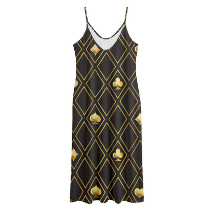 Gold Playing Card Suits Pattern Print Jersey Midi Cami Dress