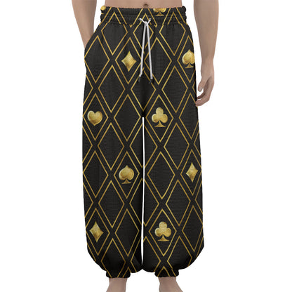 Gold Playing Card Suits Pattern Print Lantern Pants