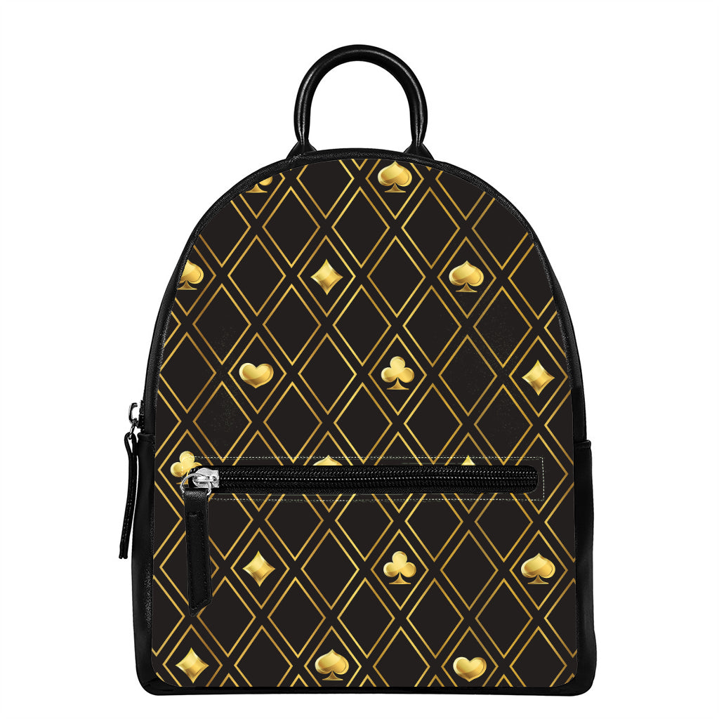 Gold Playing Card Suits Pattern Print Leather Backpack