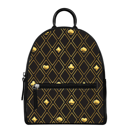Gold Playing Card Suits Pattern Print Leather Backpack