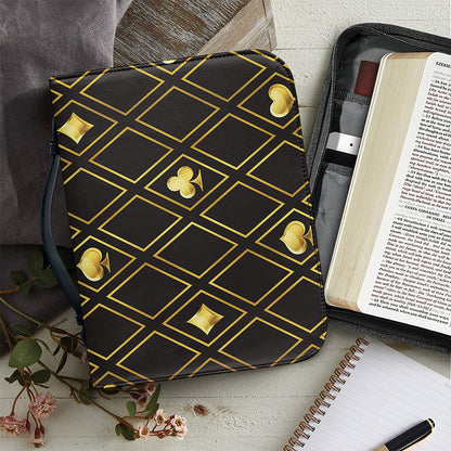 Gold Playing Card Suits Pattern Print Leather Bible Cover