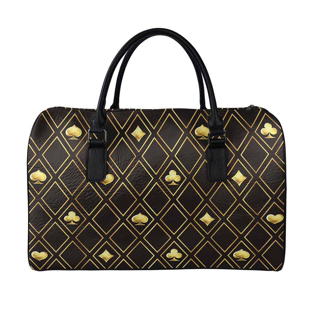 Gold Playing Card Suits Pattern Print Leather Duffle Bag