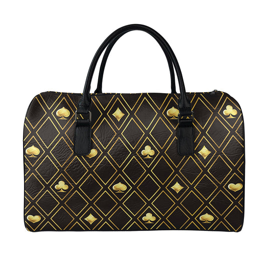 Gold Playing Card Suits Pattern Print Leather Duffle Bag