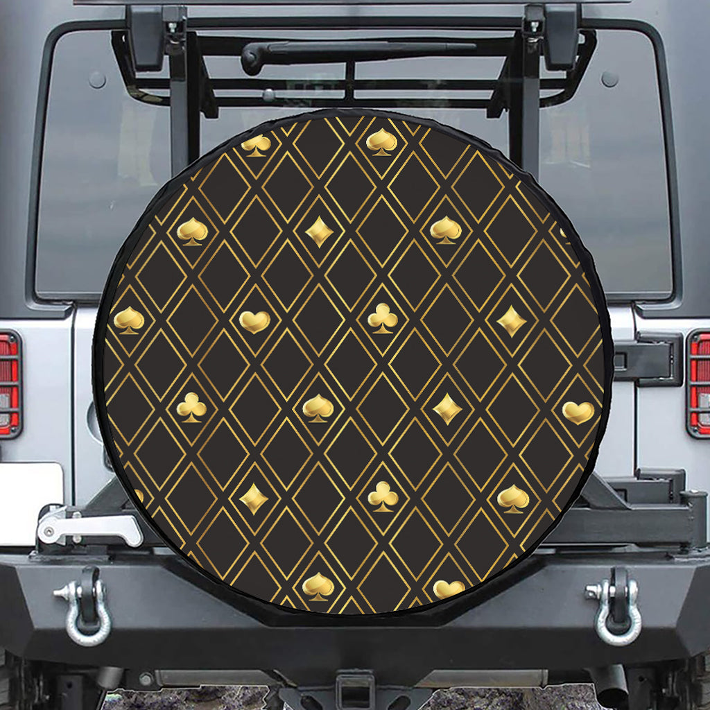 Gold Playing Card Suits Pattern Print Leather Spare Tire Cover