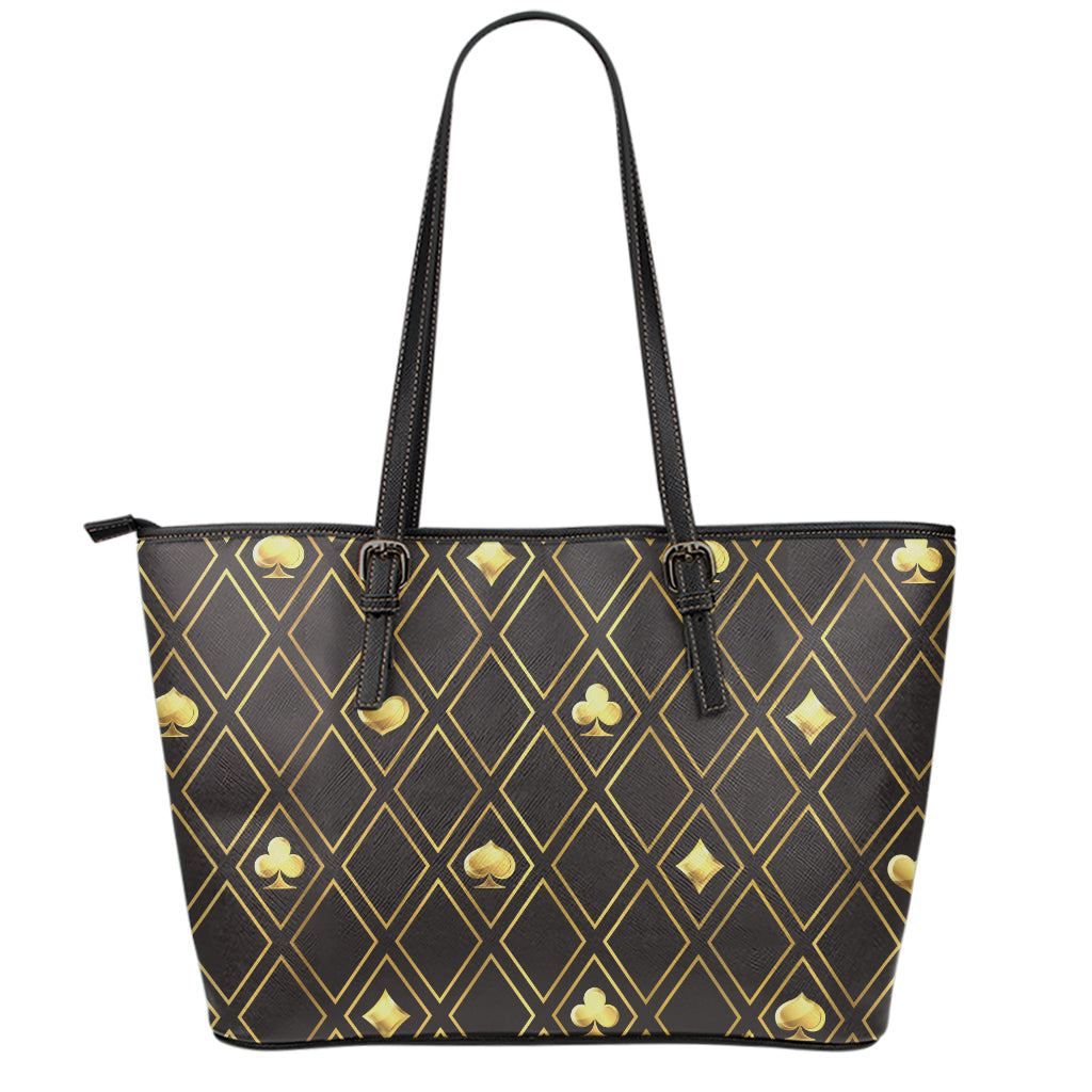 Gold Playing Card Suits Pattern Print Leather Tote Bag